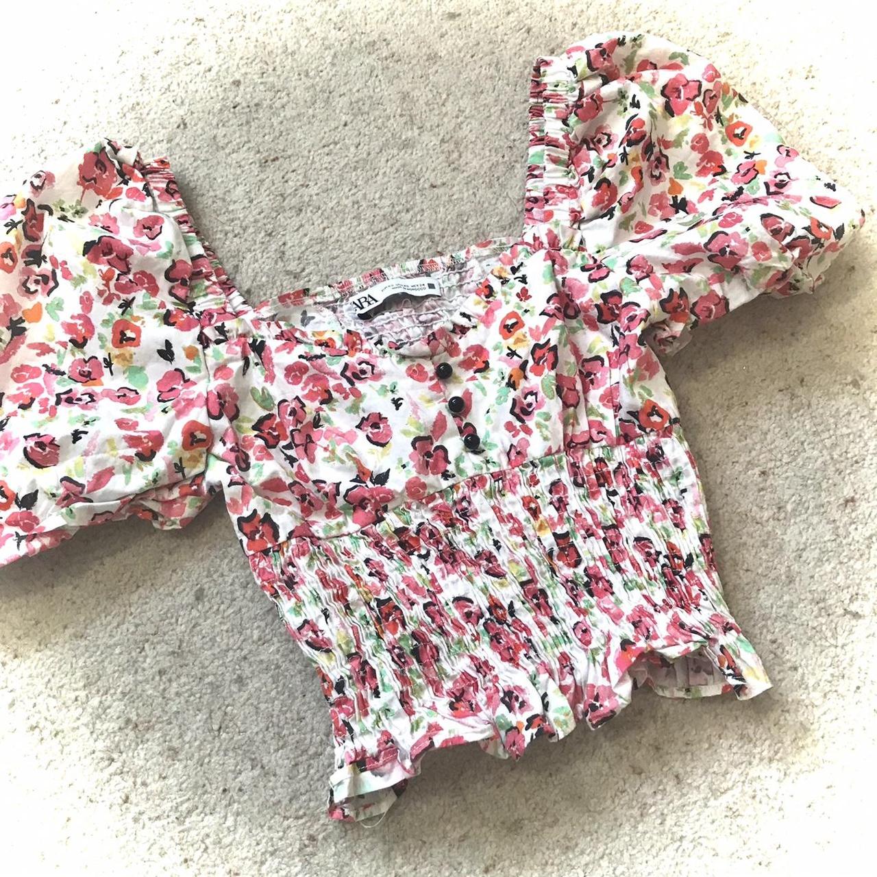 Y2k Zara ditsy floral puff sleeve white and pink... - Depop