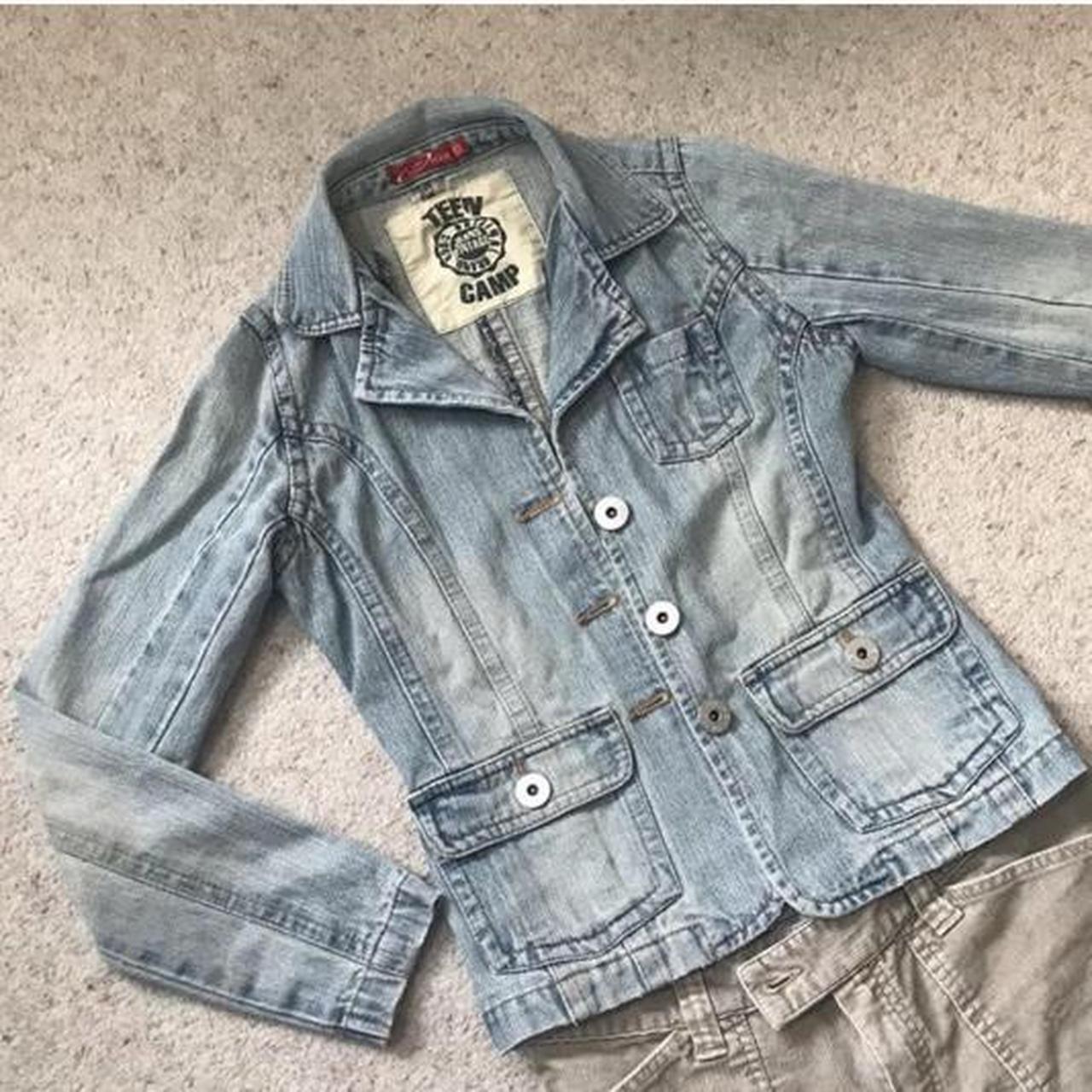 Y2k light blue denim blazer fitted jacket with... Depop