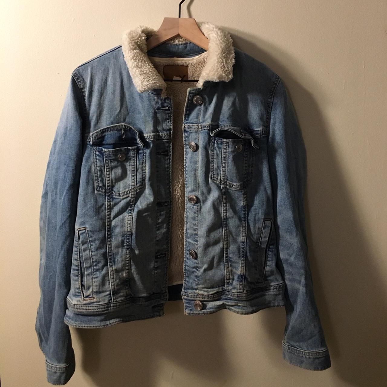 denim fur jacket from American Eagle Outfitters -... - Depop