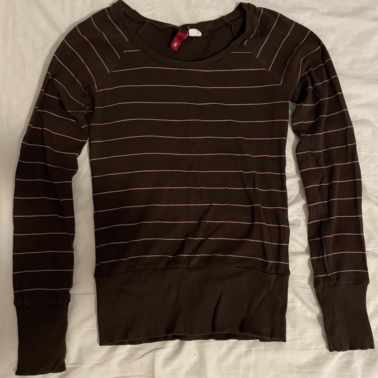 vintage brown long sleeve top with pink stripes fits... - Depop