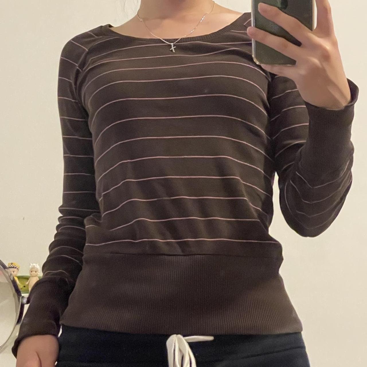 vintage brown long sleeve top with pink stripes fits... - Depop