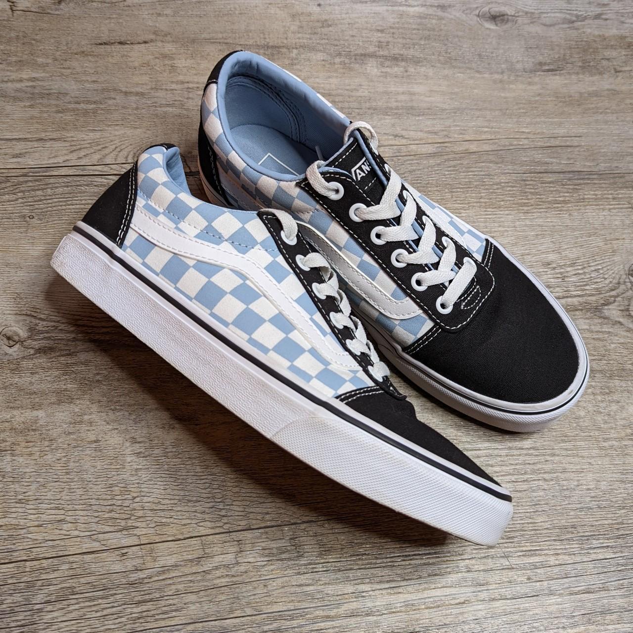 Vans Old Skool checkerboard light blue / black /... - Depop