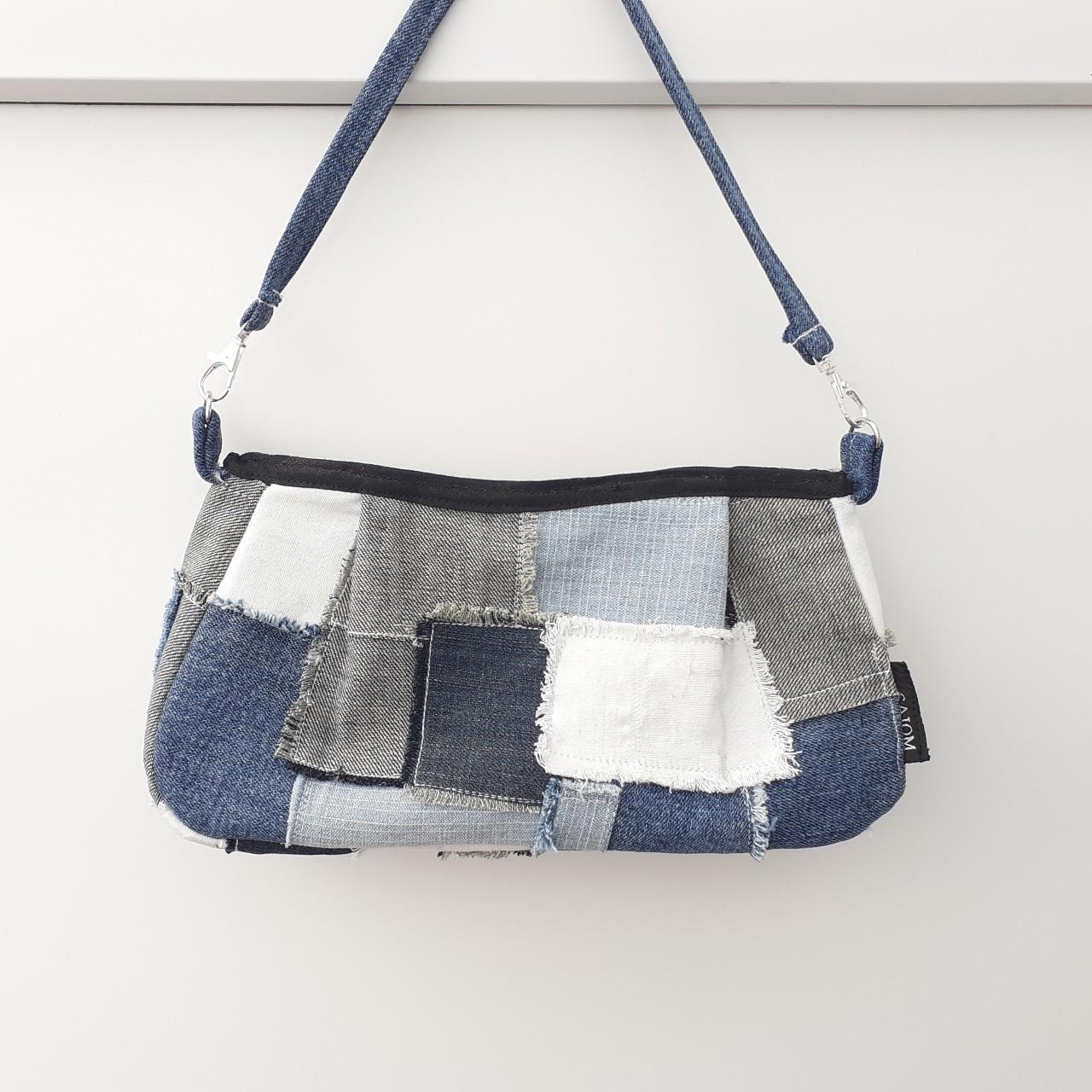 PATCHWORK DENIM SHOULDER BAG / baguette bag handmade... - Depop