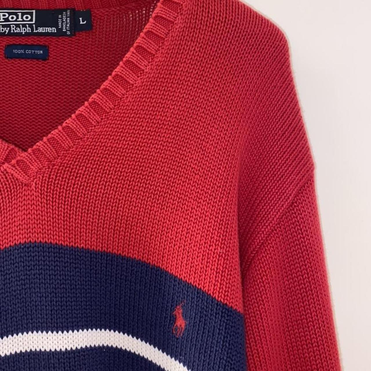 Polo Ralph Lauren red v neck jumper with a blue and... - Depop