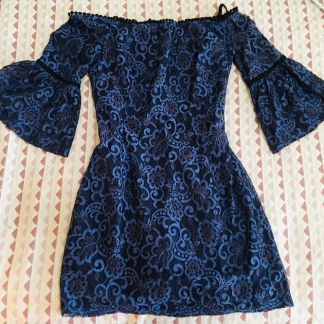 Navy Blue Off the Shoulder Lace Dress Size: 2 (extra... - Depop