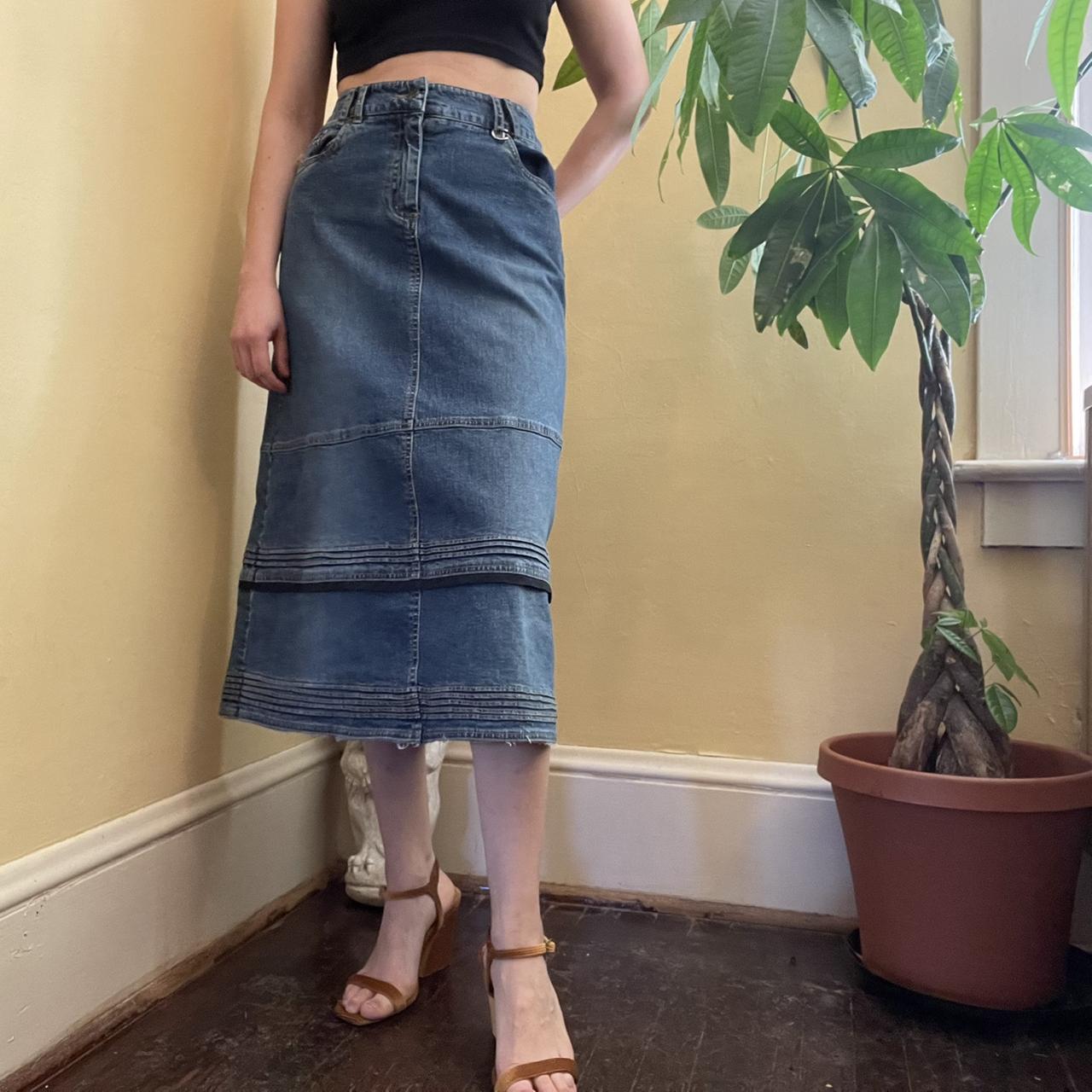 Y2k Long Denim Skirt With Cool Ribbon Hemming Depop