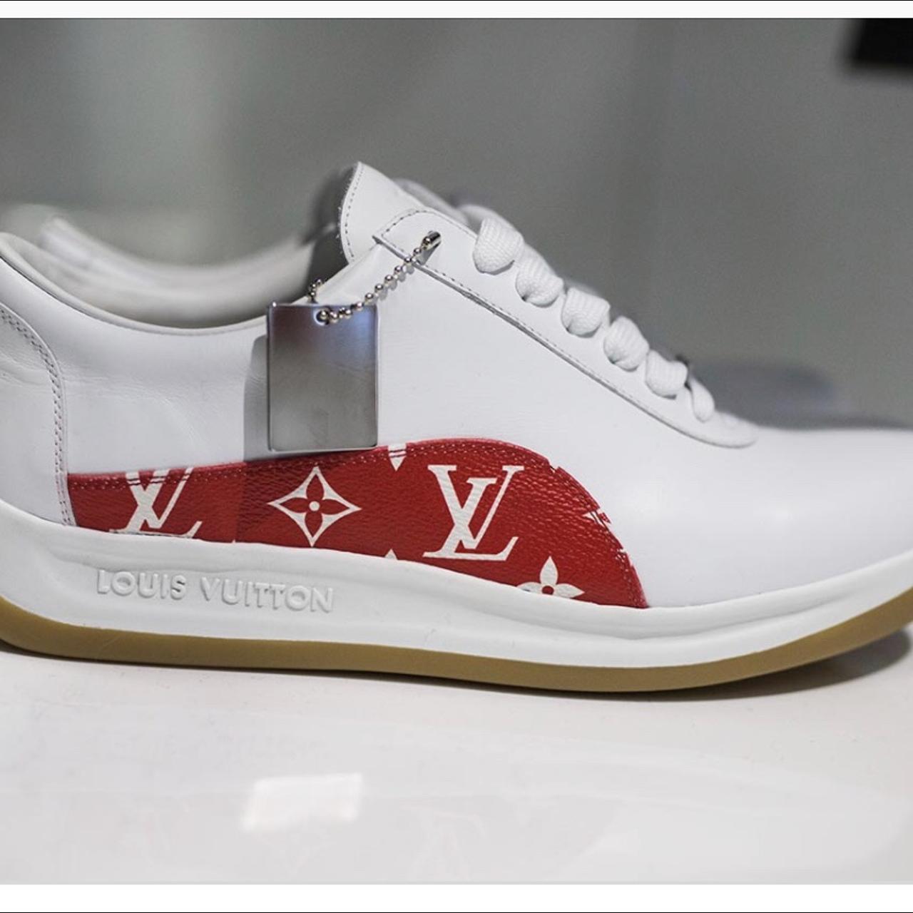 supreme x louis vuitton monogram red sneakers. worn - Depop