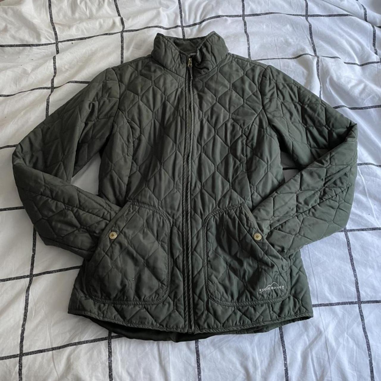 army green military liner stitched puffer jacket... - Depop