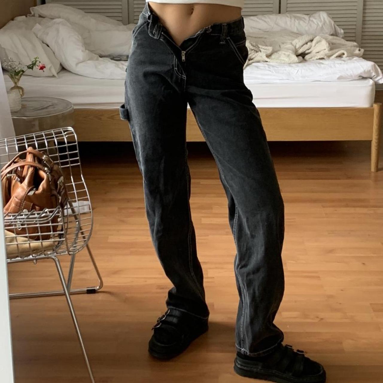 comfy wide-leg dark grey jeans w contrast stitch.... - Depop