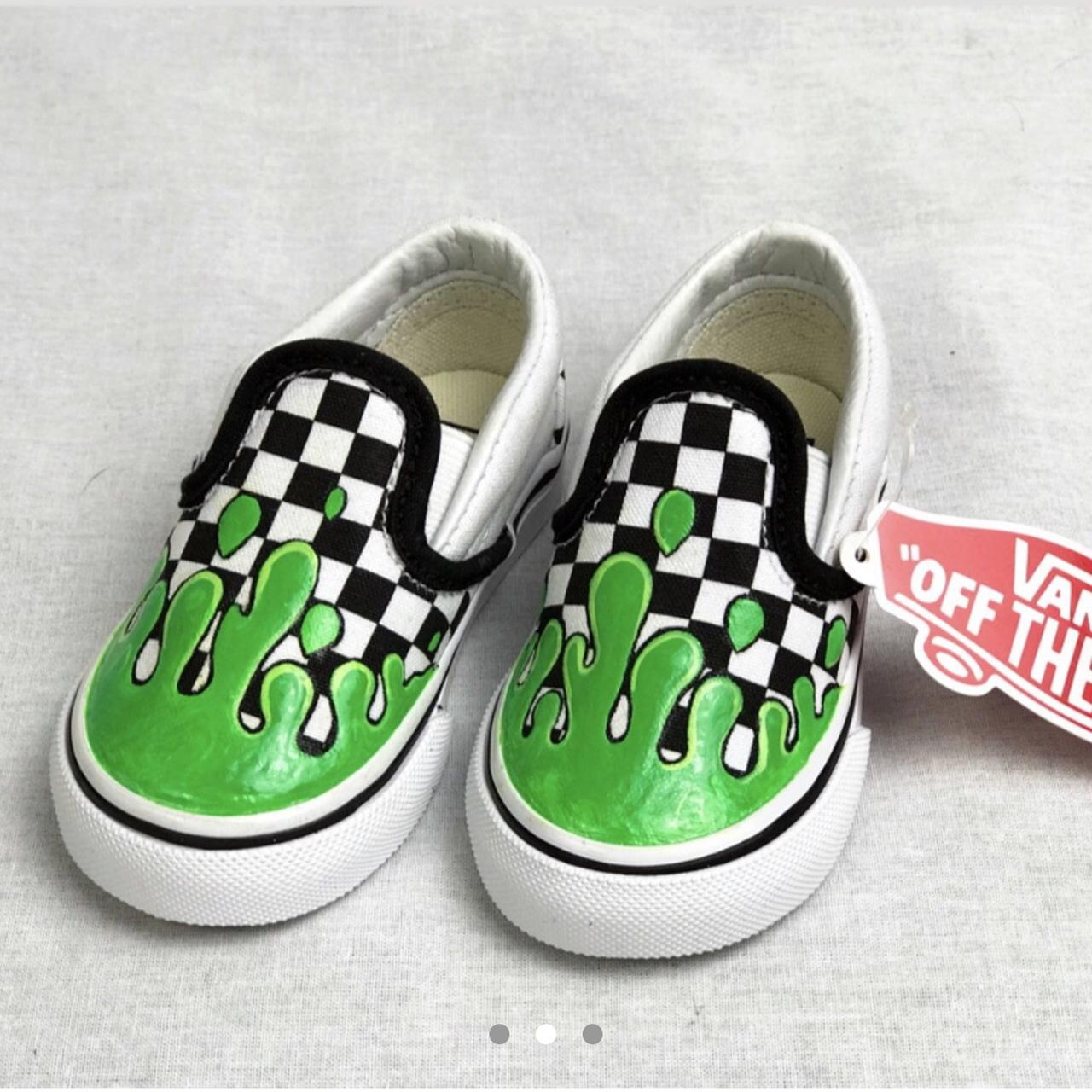 Custom slime drip slip on checkered Vans! Hand