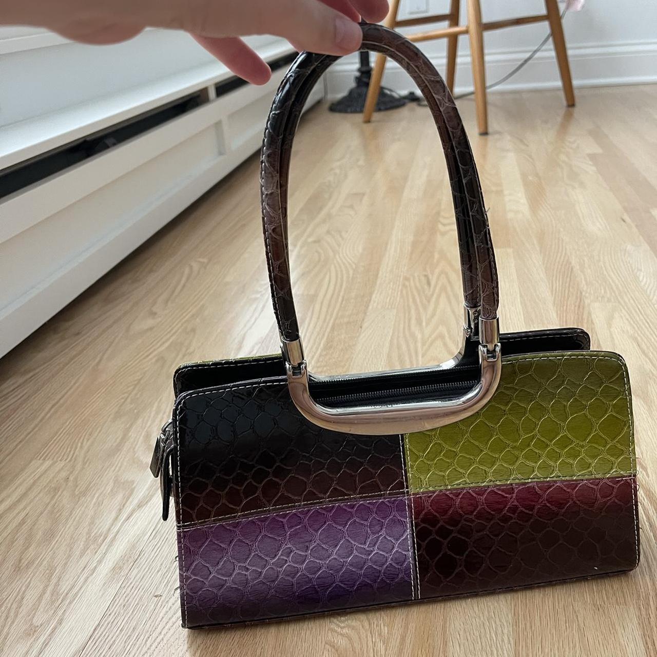 Structured Y2K faux snake skin shoulder bag with 4... Depop