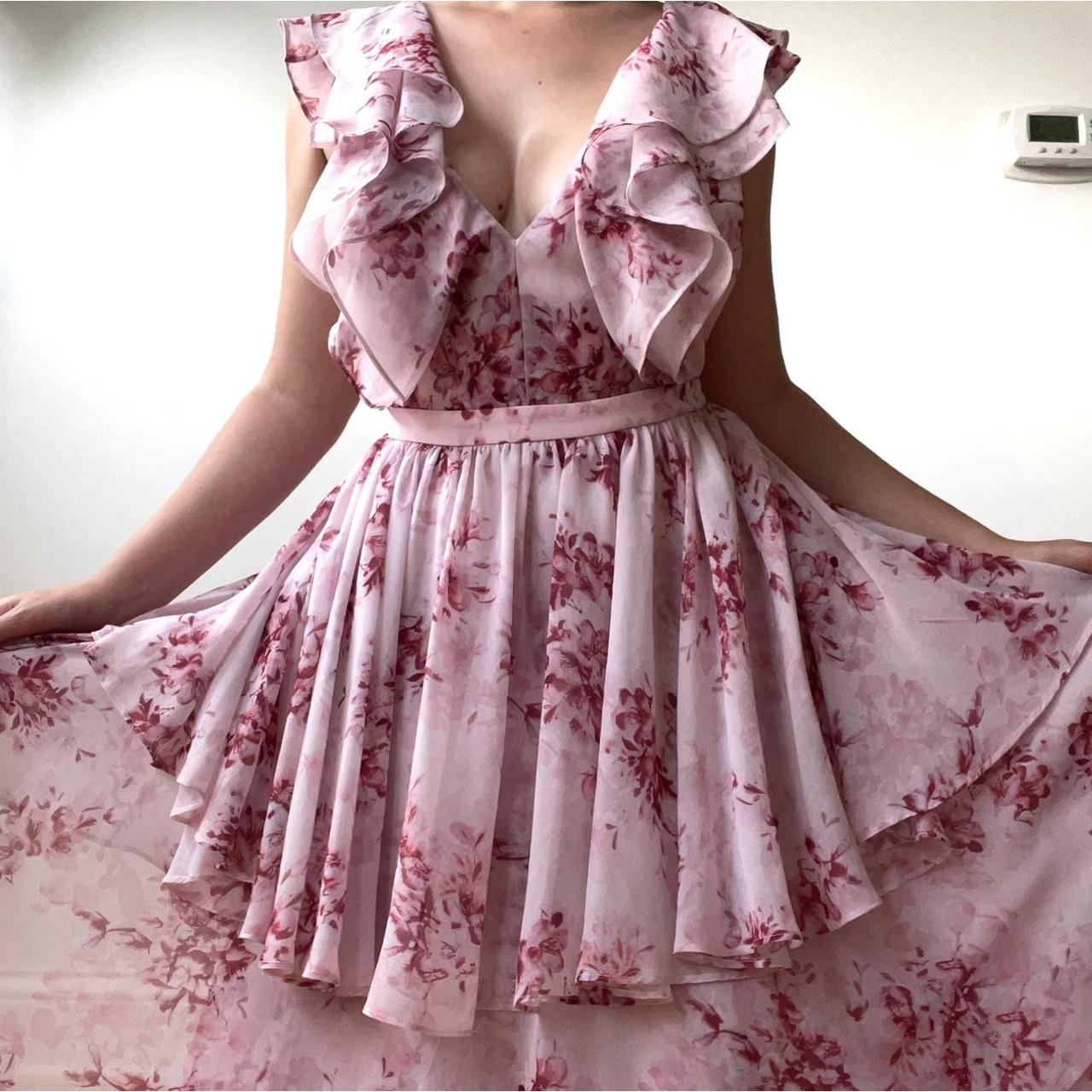 Light pink and maroon floral tiered chiffon Depop