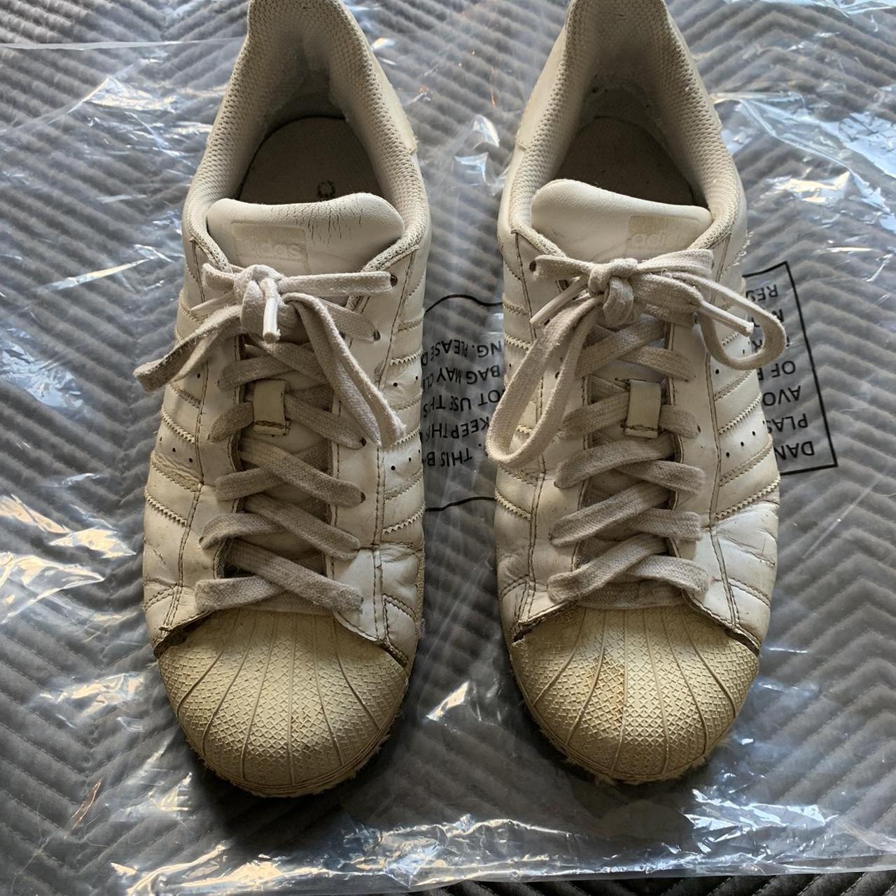 Adidas Superstars. All White. Size 7.5. Well worn... - Depop