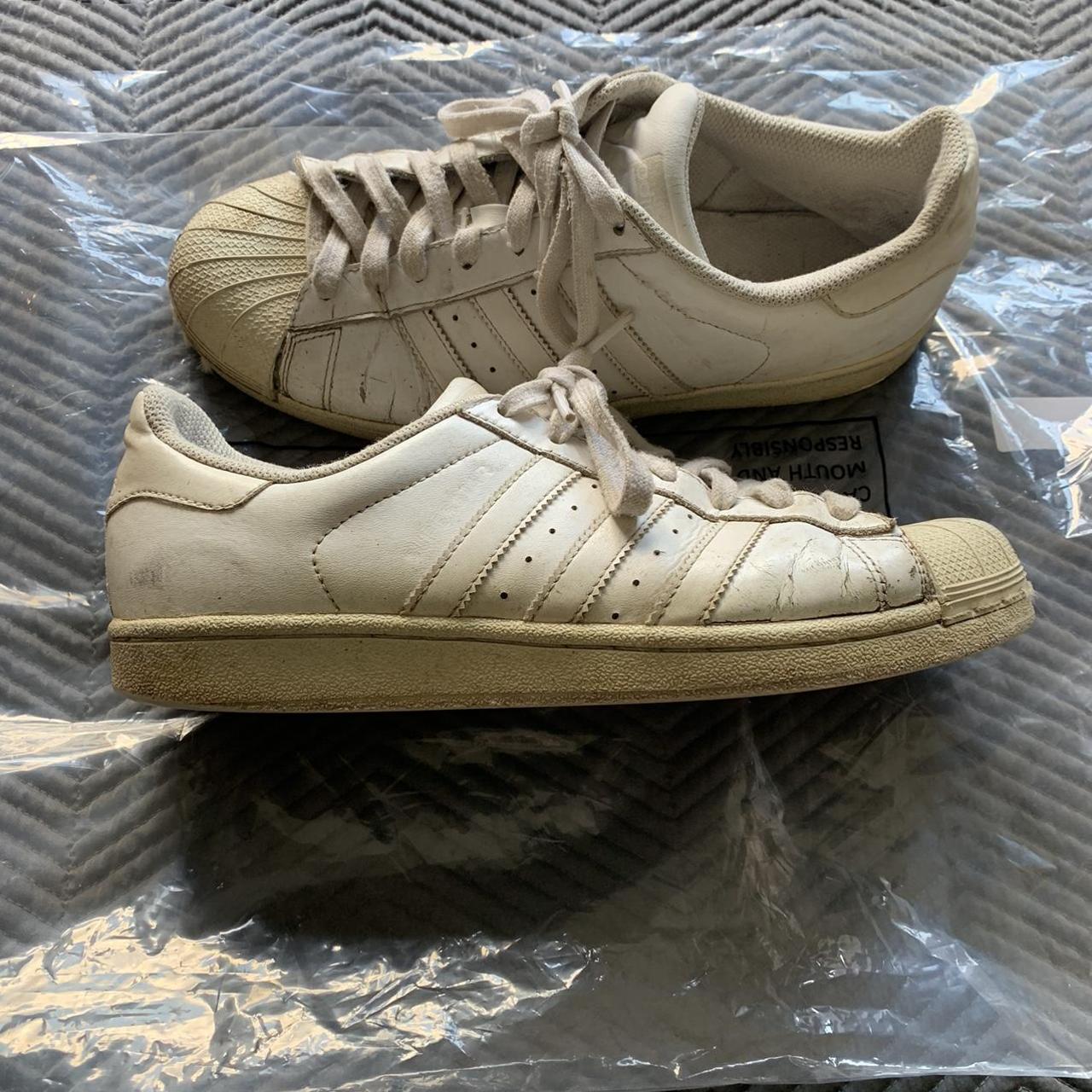 Adidas Superstars. All White. Size 7.5. Well worn... - Depop