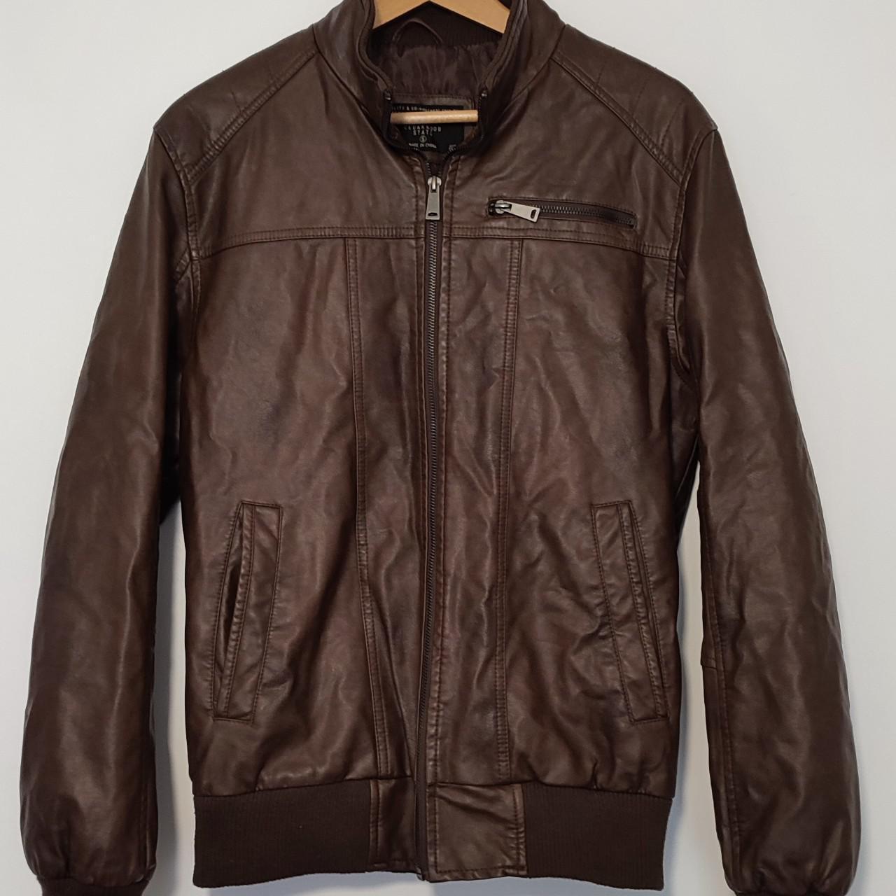 Primark men's brown leather jacket in size small but... - Depop