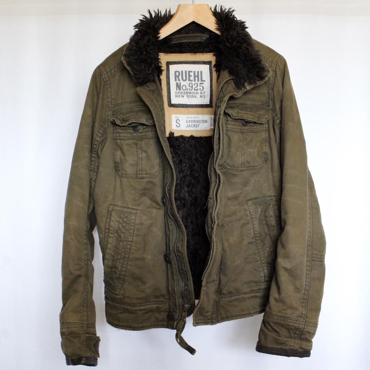 Ruehl olive green military jacket with faux fur... - Depop