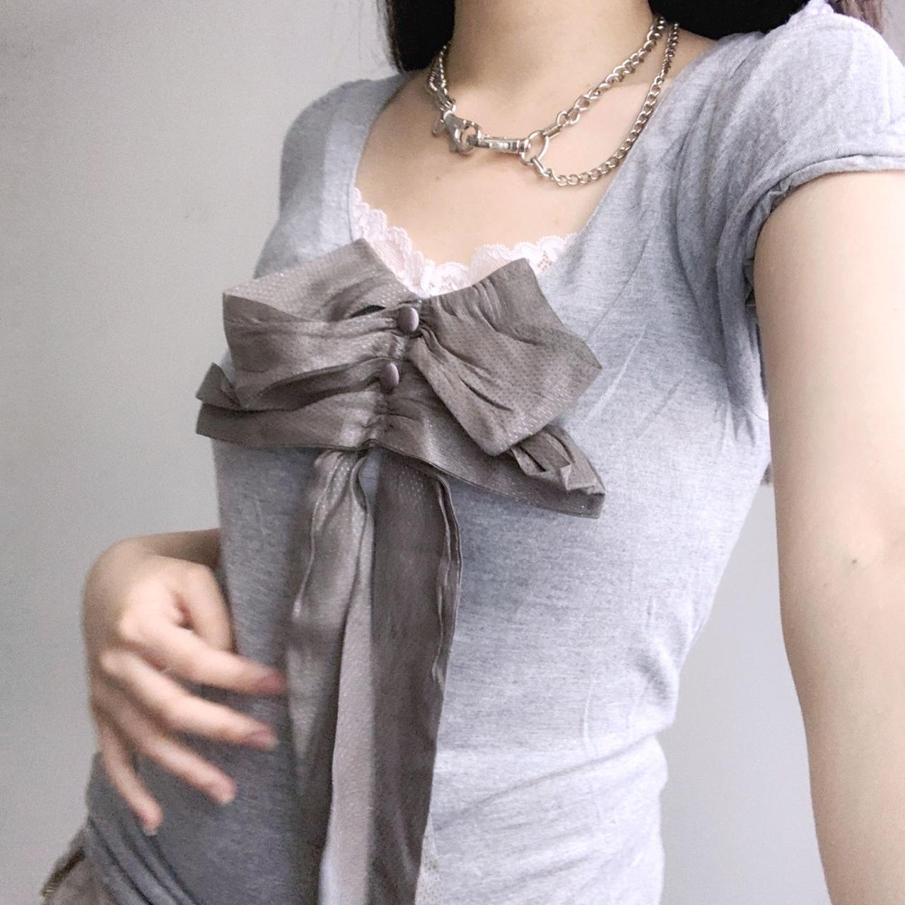 cutest grey vintage y2k coquette top with puff - Depop