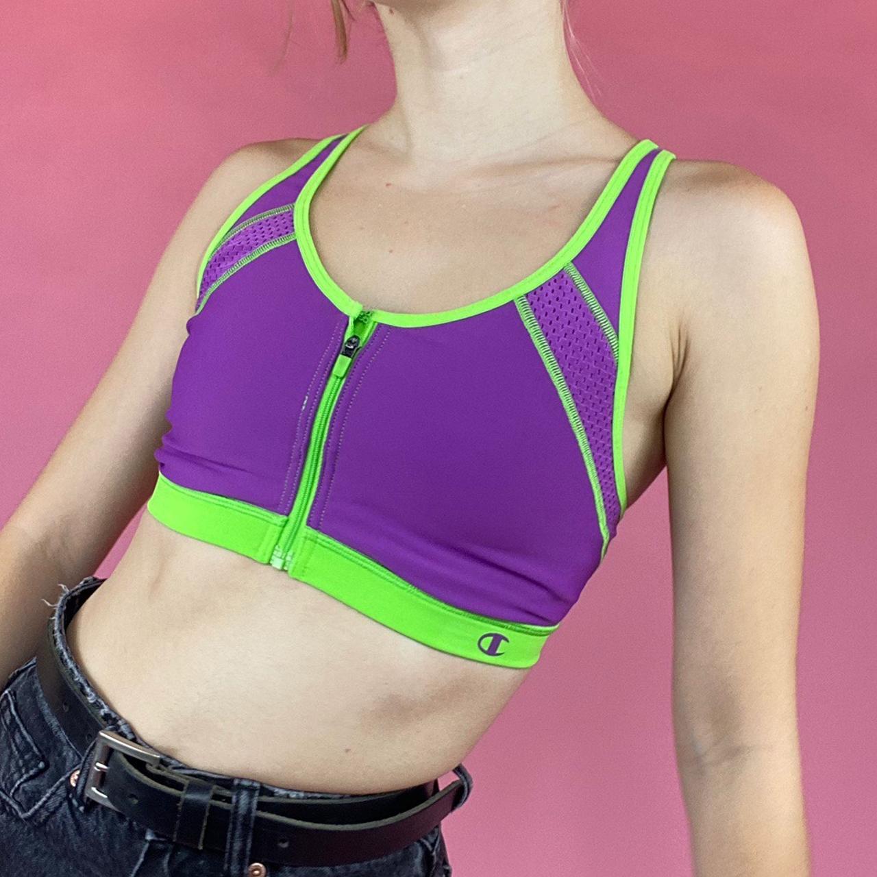 purple and neon green champion sports bra the - Depop