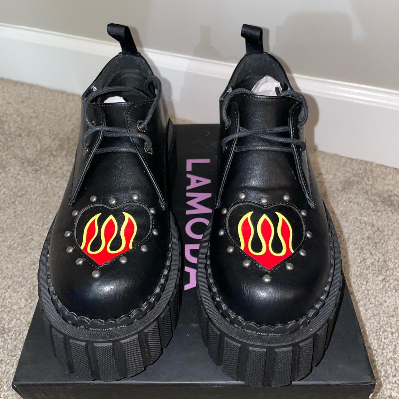 Dolls Kill Women's Black and Red Loafers Depop