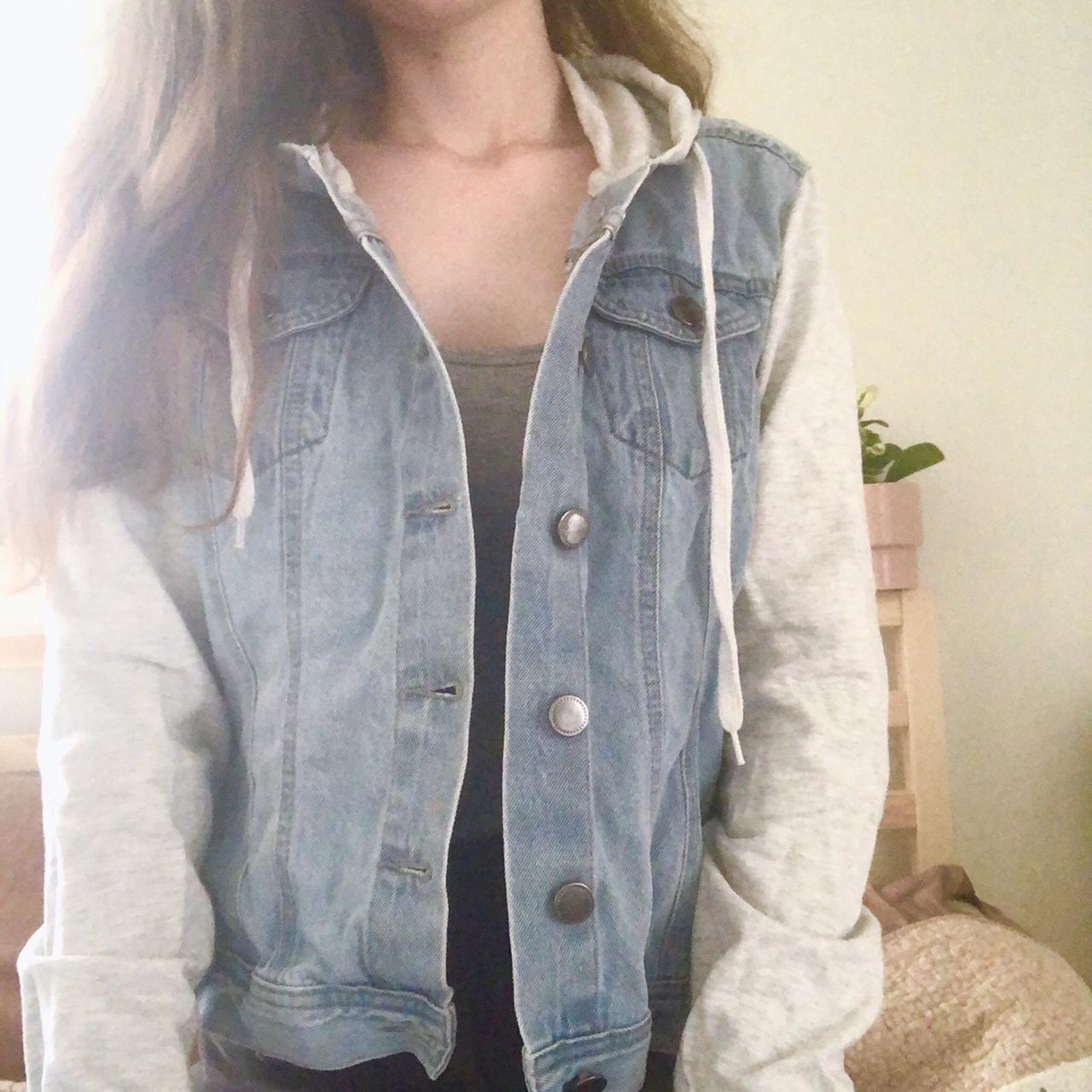 jean jacket with fabric sleeves