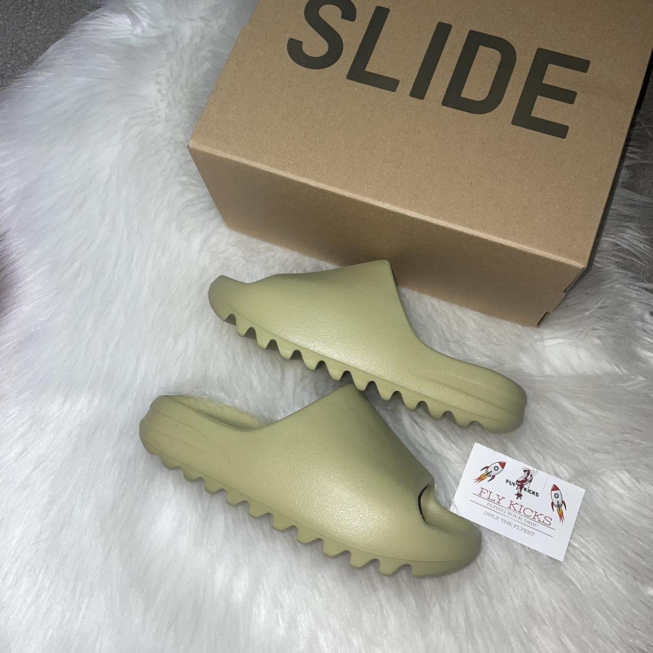 Yeezy Women's Green and Khaki Slides Depop