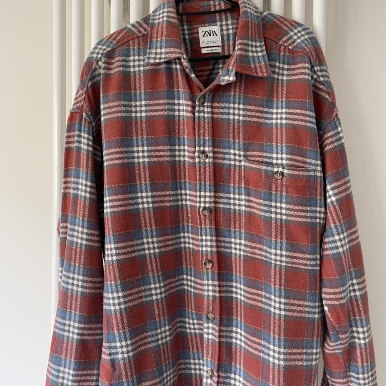 Zara chequered overshirt / wool shirt red blue size... - Depop