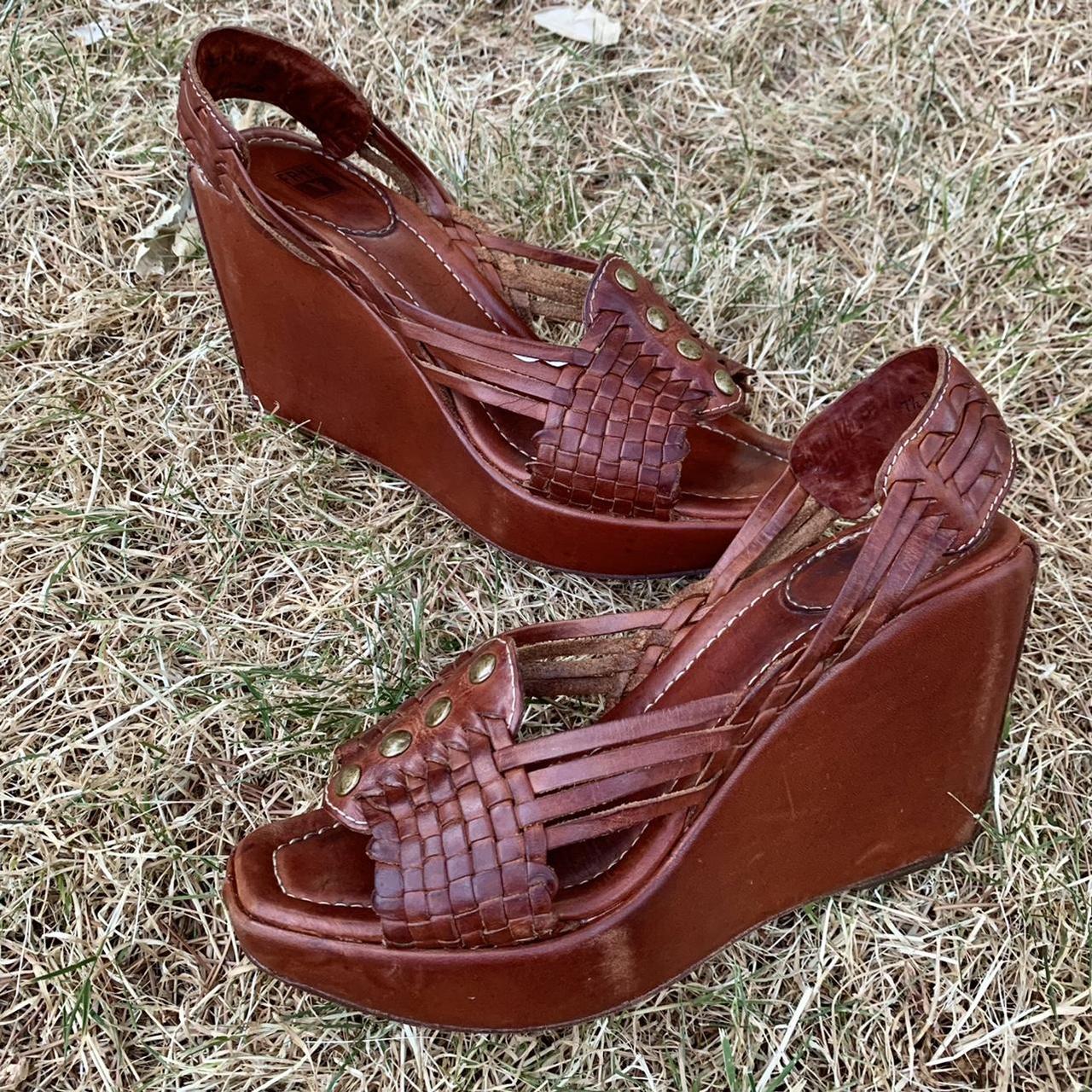 FRYE LOLA HUARACHE WOVEN LEATHER WEDGED SANDALS Depop