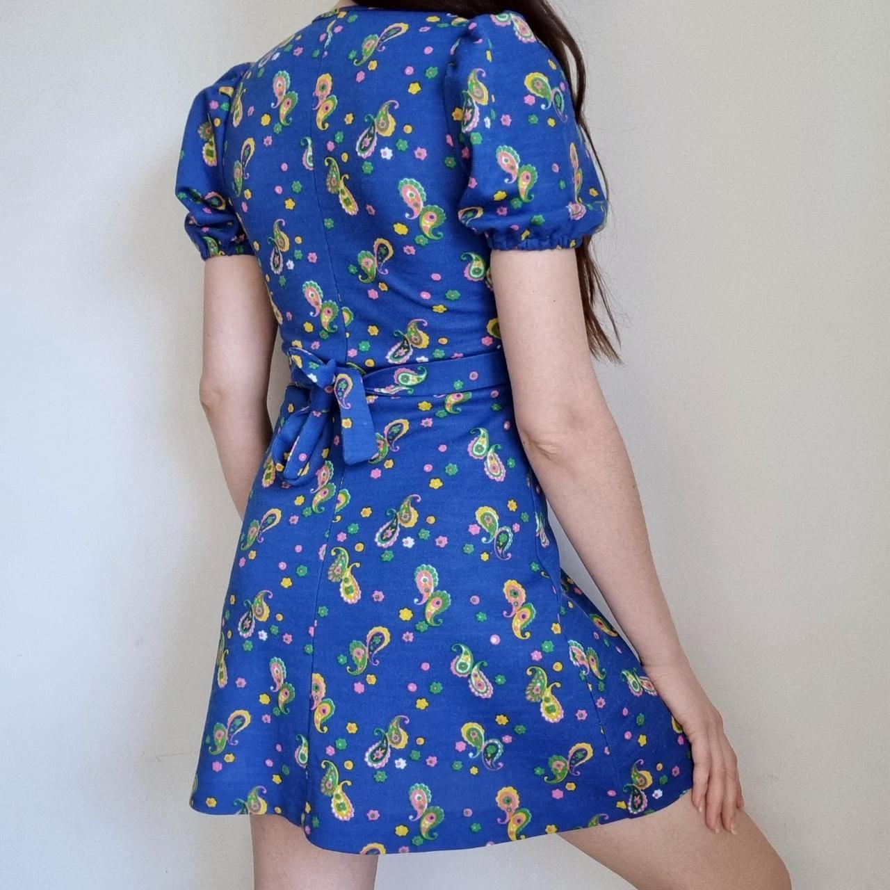 vintage 70s blue mini dress Bright blue, yellow,... - Depop