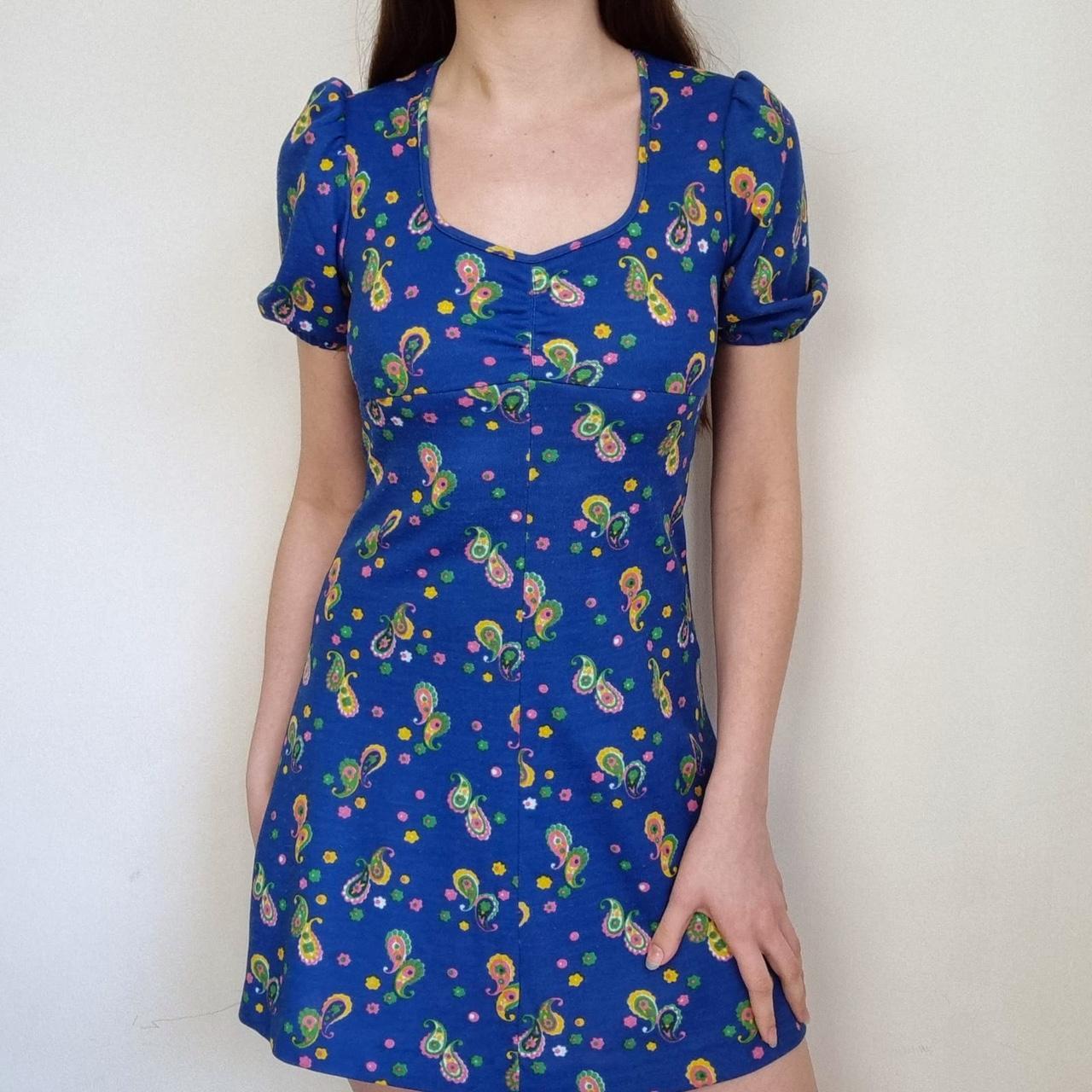 vintage 70s blue mini dress Bright blue, yellow,... - Depop