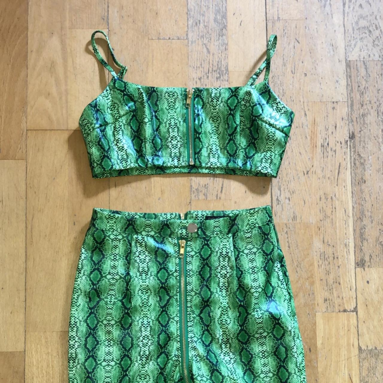 Fashion Nova Green Snake Skin Zip Up Crop Top