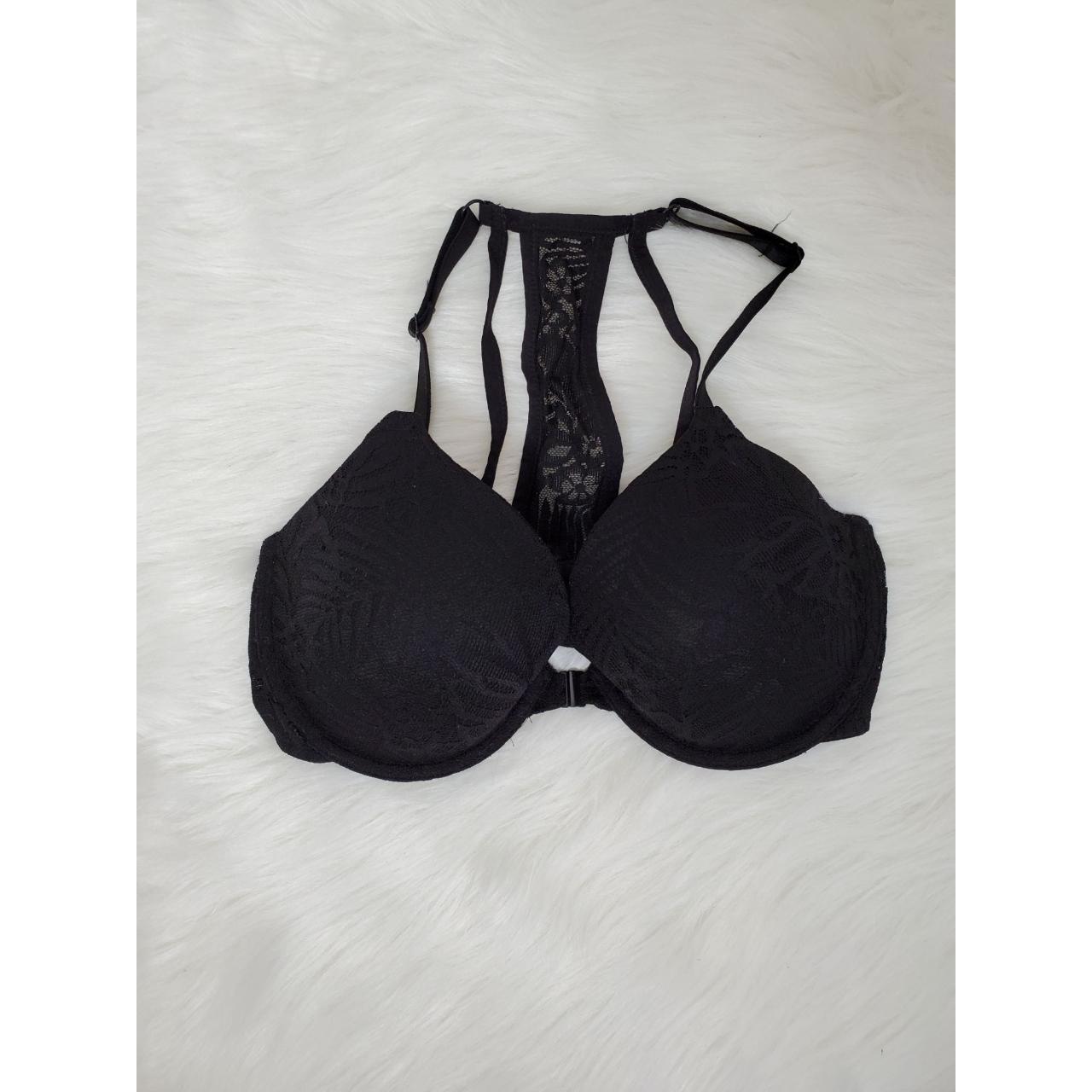 Black lace racerback bra with front clasp. Used but - Depop