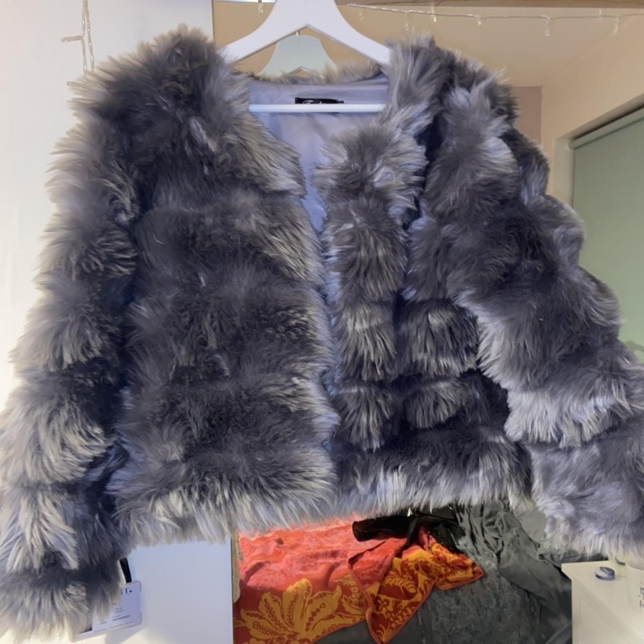 grey faux fox fur coat