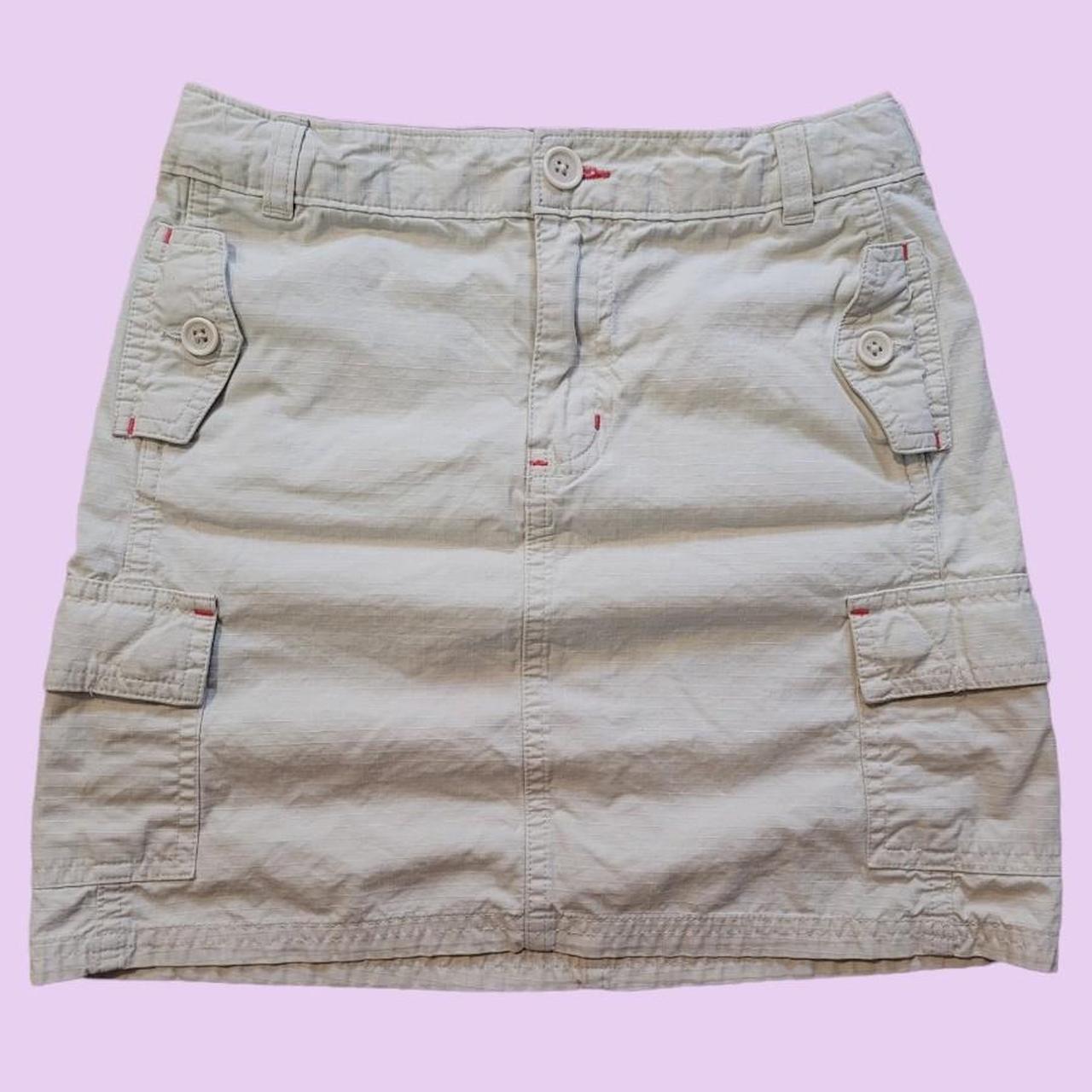 BEIGE CARGO MINI SKIRT WITH PINK CONTRAST STITCH... - Depop