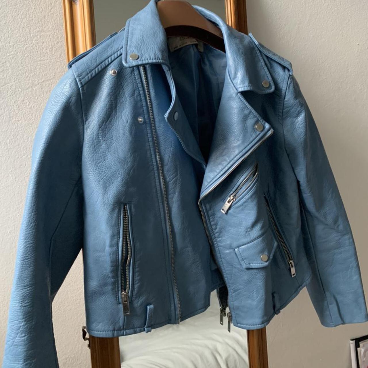Zara baby blue leather mantra jacket