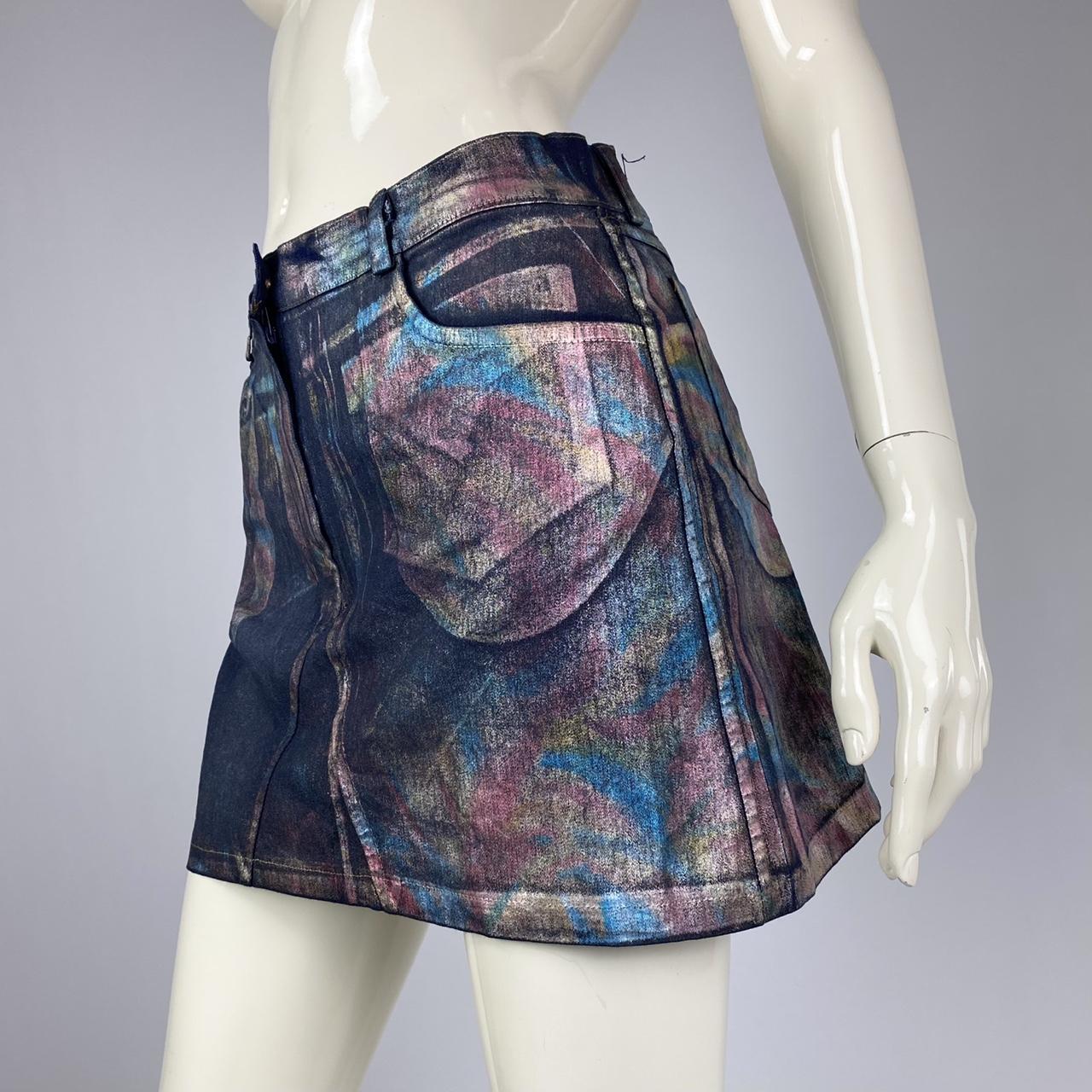 Stretchy Navy Denim Mini Skirt With Multicolor Depop