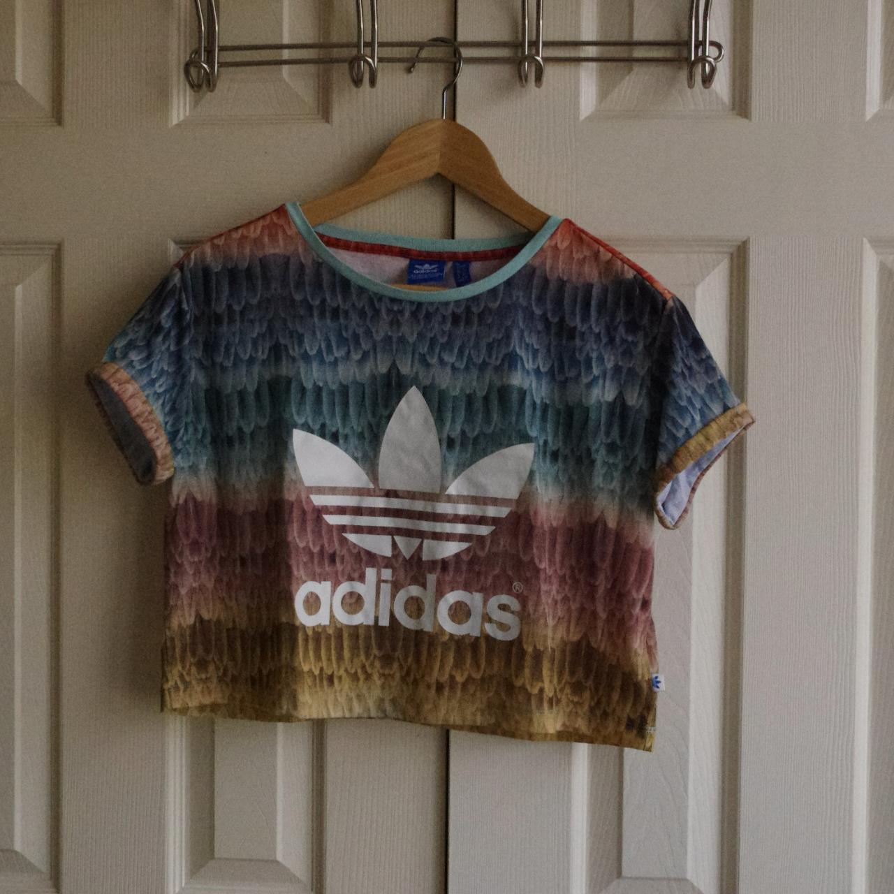 adidas cropped t-shirt Dusky rainbow feather... - Depop