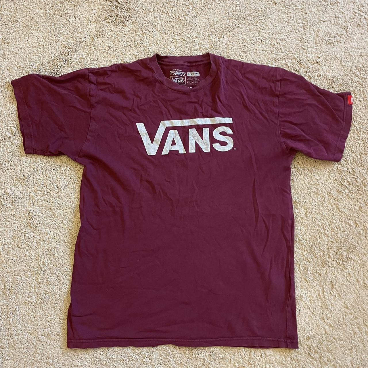 Vans mens burgundy logo t shirt. Size M. Logo... - Depop