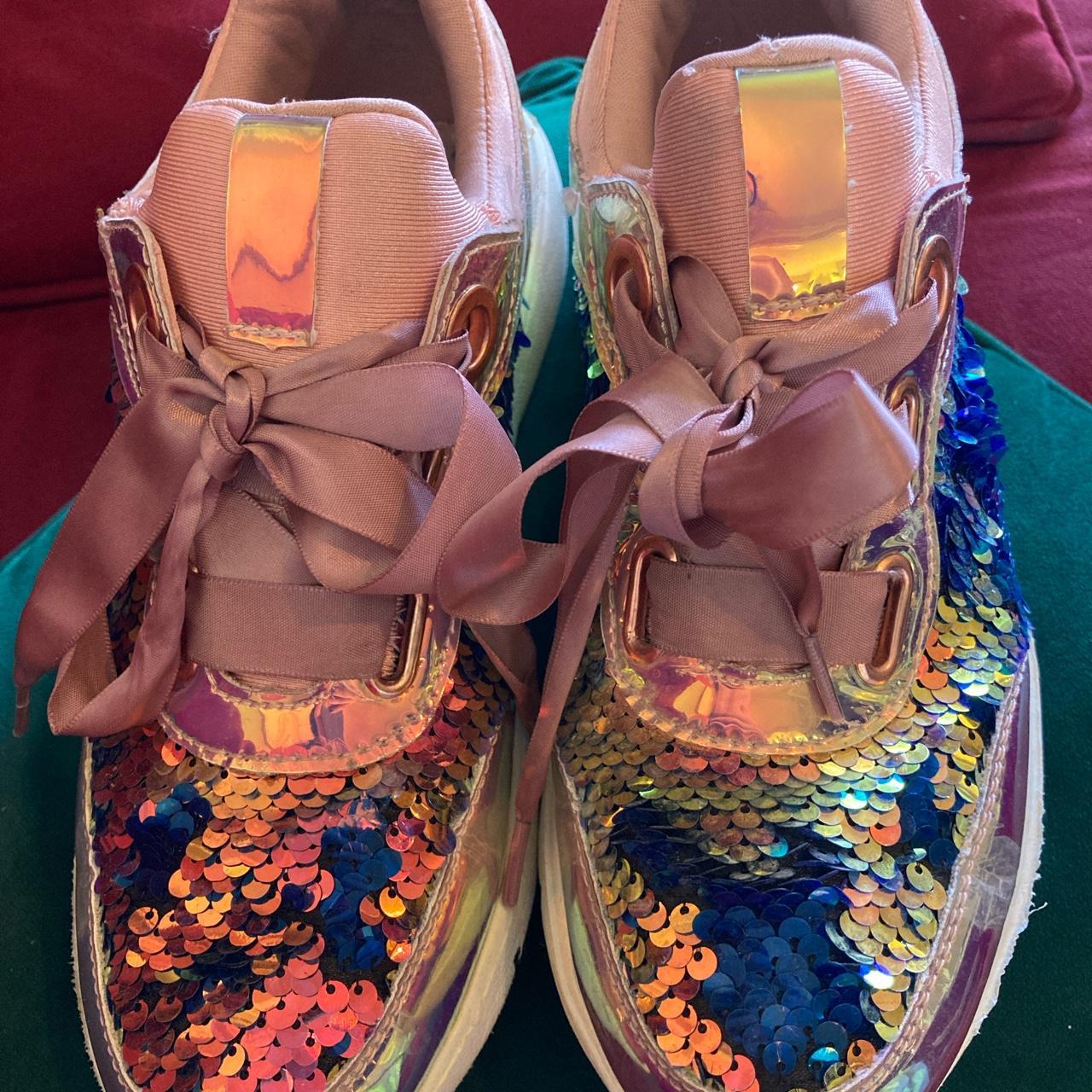 Iridescent and reversible sequin sneakers with satin... - Depop