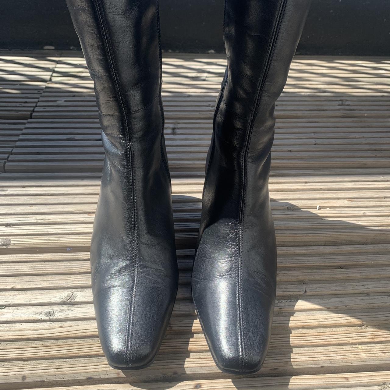 90s black knee high boots with square toe and block... - Depop