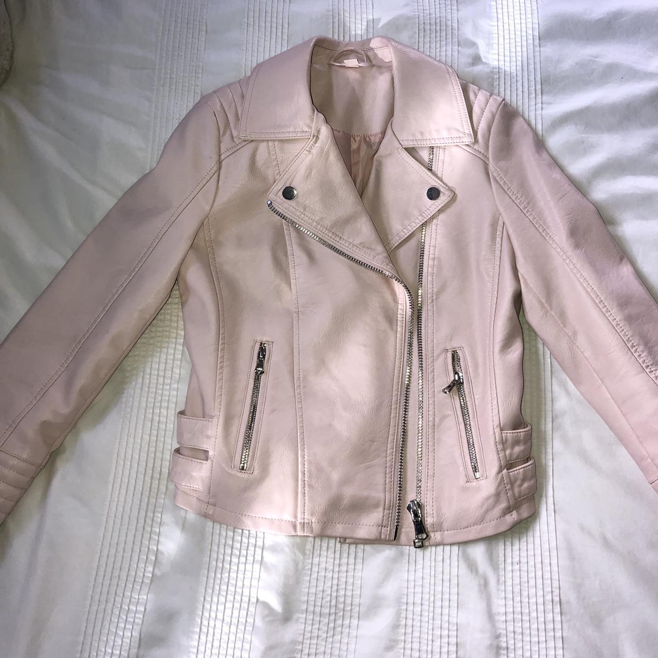 Miss Selfridge light pink leather jacket worn