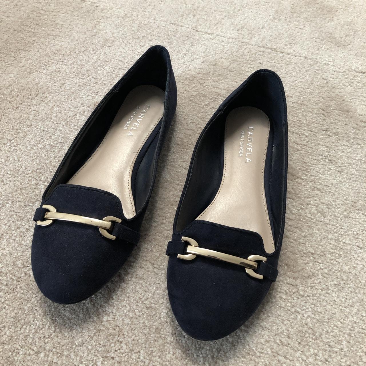 Carvela flat shoes in navy blue with gold buckle... - Depop