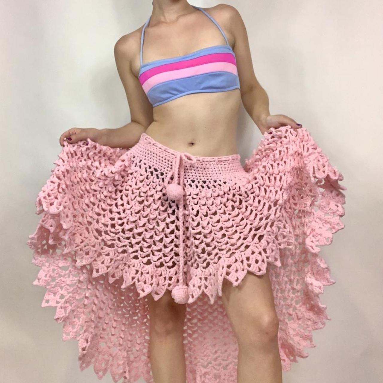 Baby pink crochet high-low skirt with string tie 💒💕... - Depop