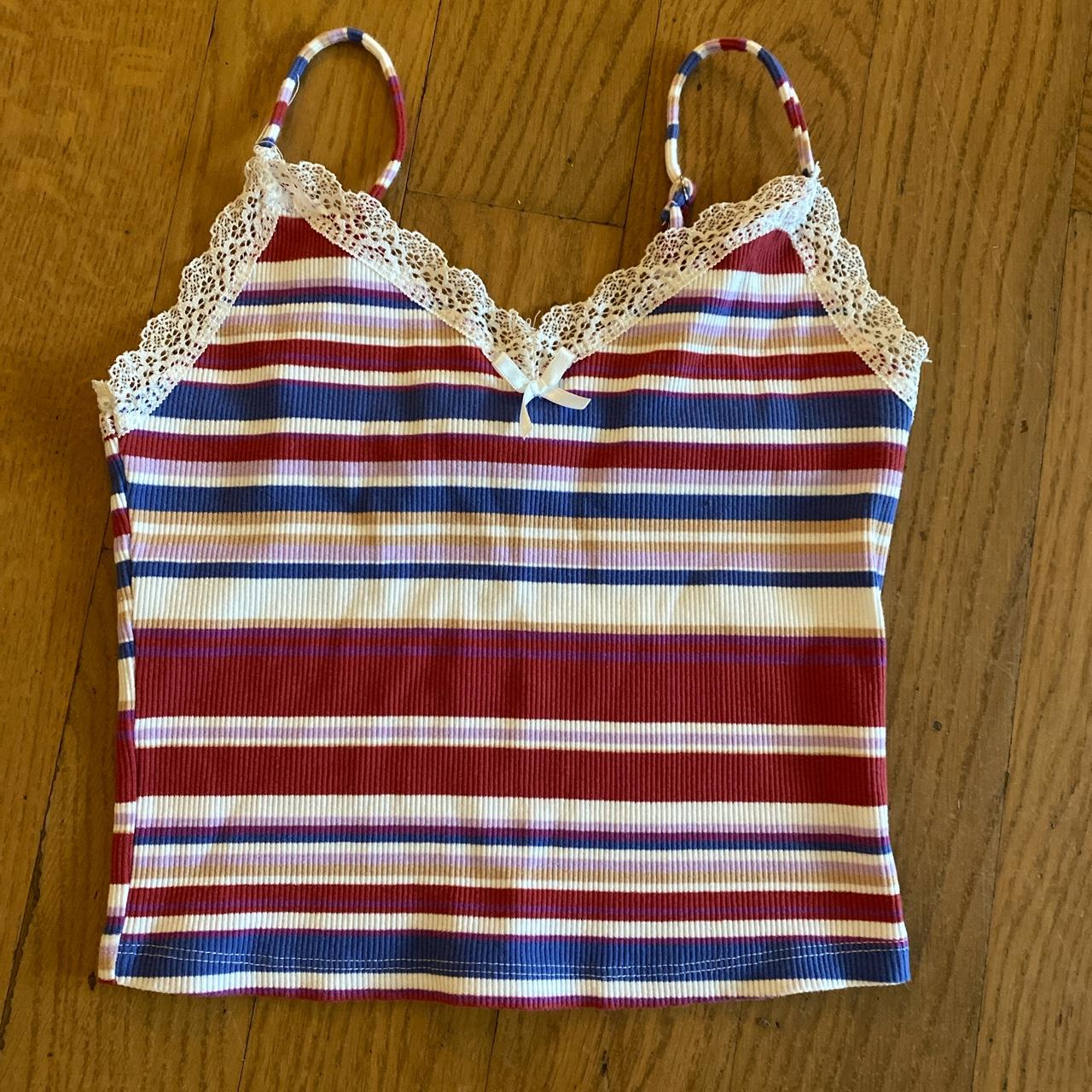 Striped cropped cami top with lace detail at top and... - Depop