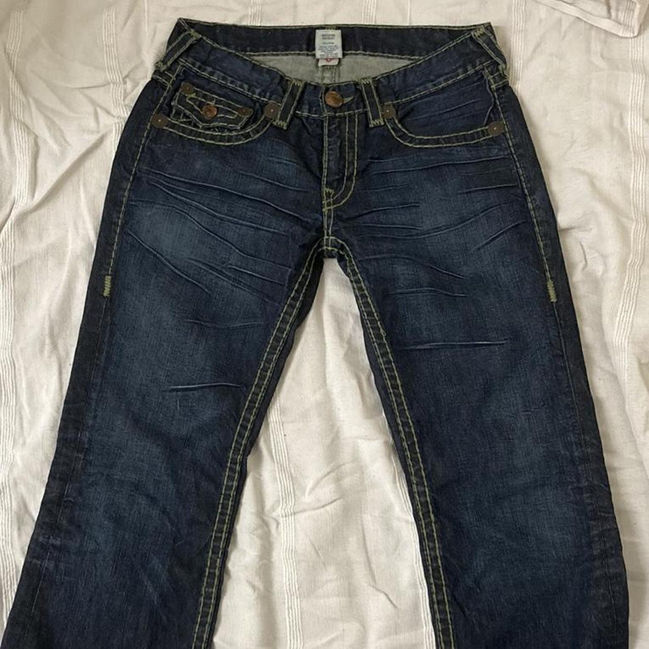 True Religion Navy Jeans Green stitching with the... - Depop