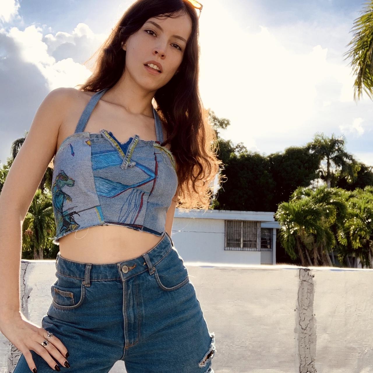 One of a kind corset top upcycled from old jeans - Depop