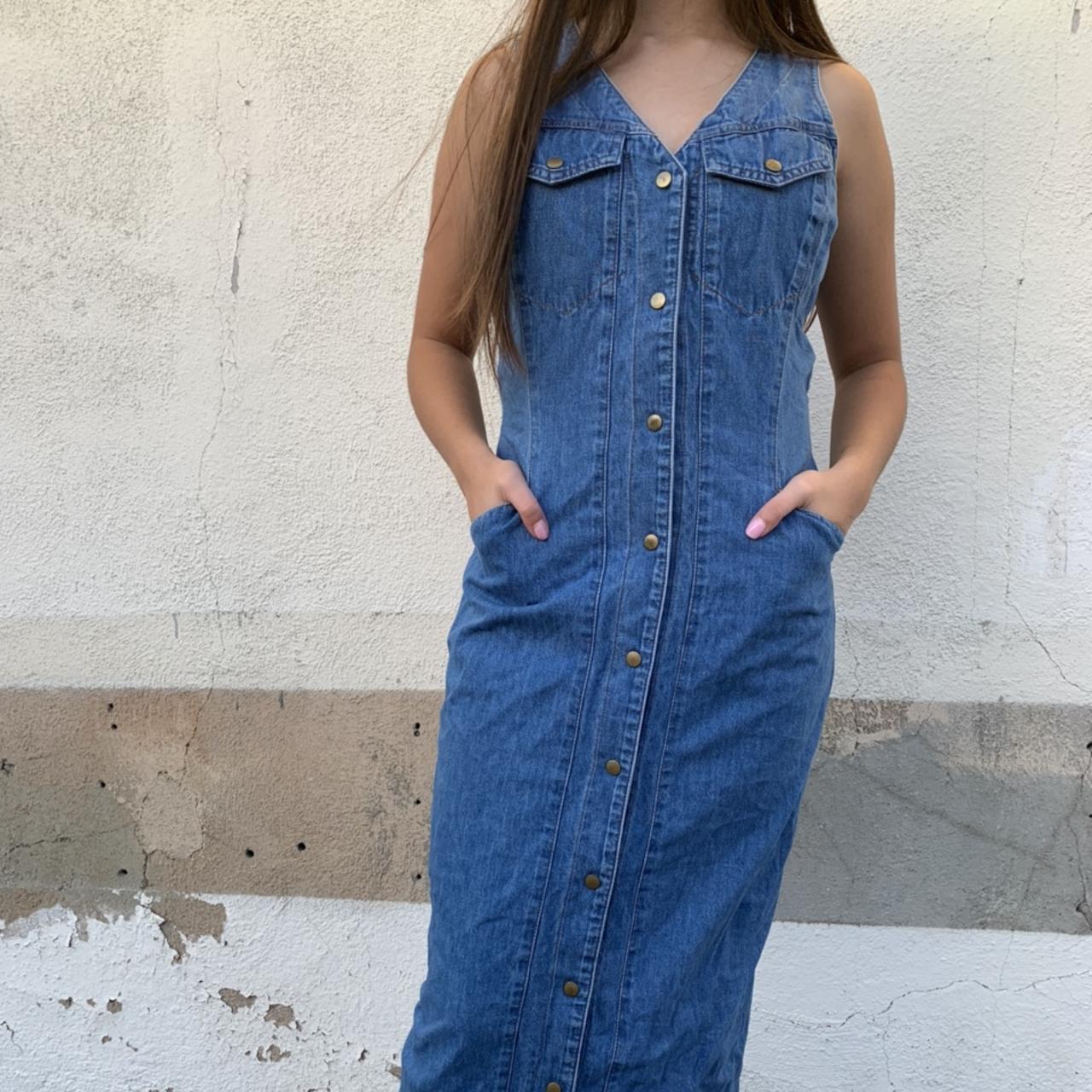 Vintage Denim Dress Front snap button closure Size... - Depop