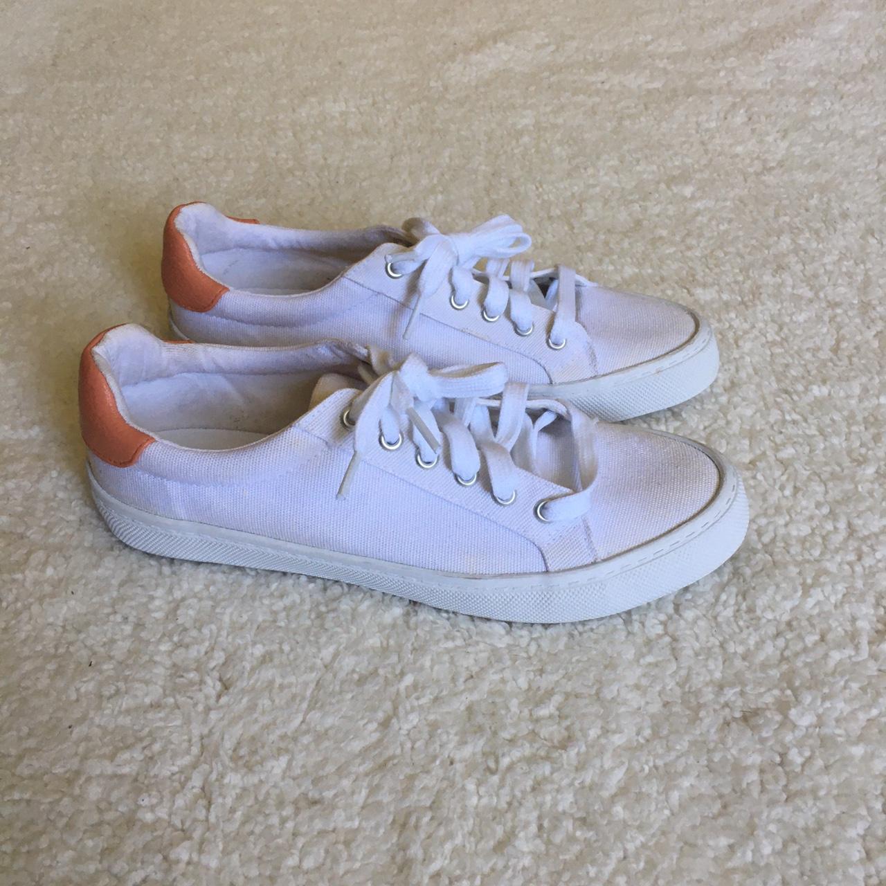 ASOS white cloth tennis shoes with peach details on... Depop
