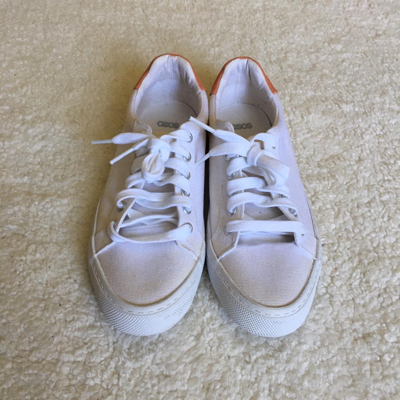 ASOS white cloth tennis shoes with peach details on... - Depop