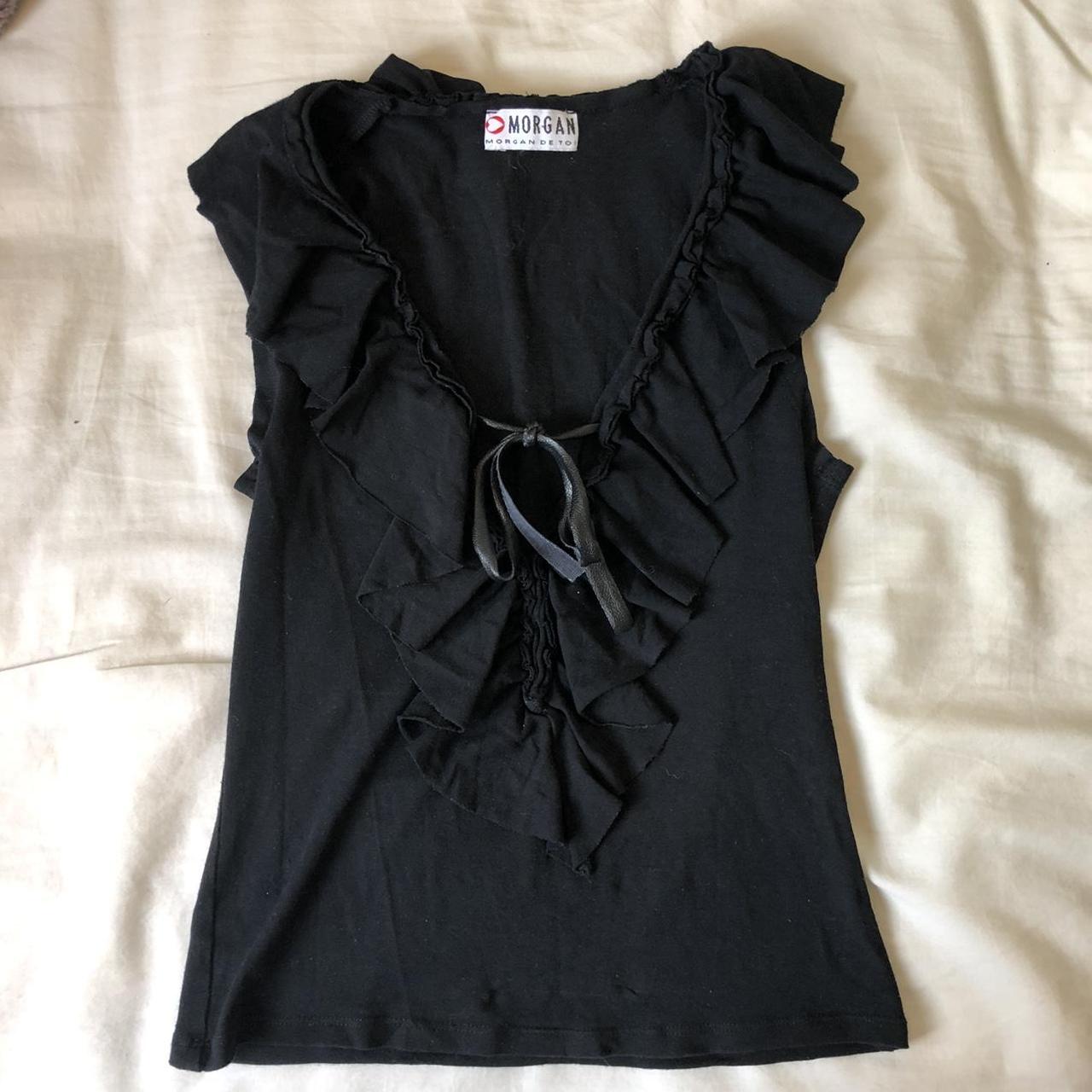 morgan de toi black low cut ruffle top with faux... - Depop