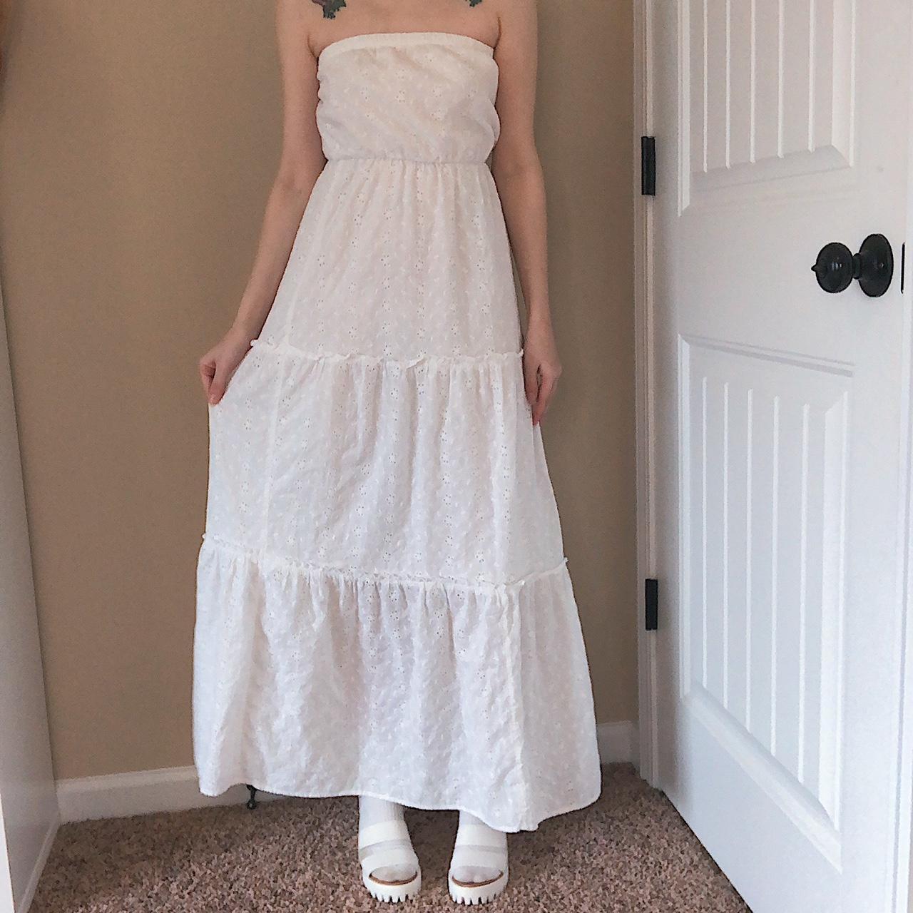 White tiered lace maxi dress! Eyelet lace with a... - Depop